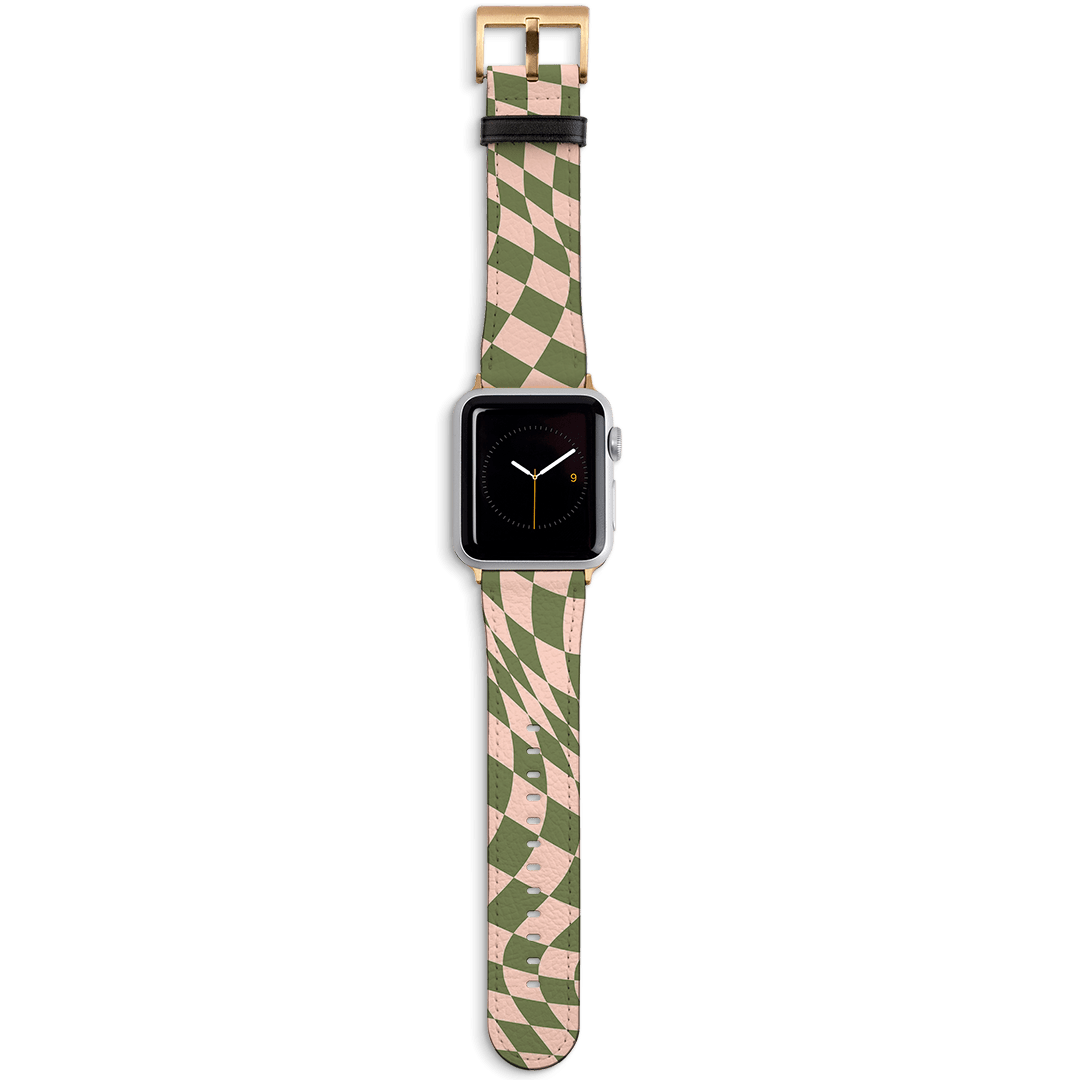 Wavy Check Forest on Blush Apple Watch Band Watch Strap 42/44 MM Gold by The Dairy - The Dairy