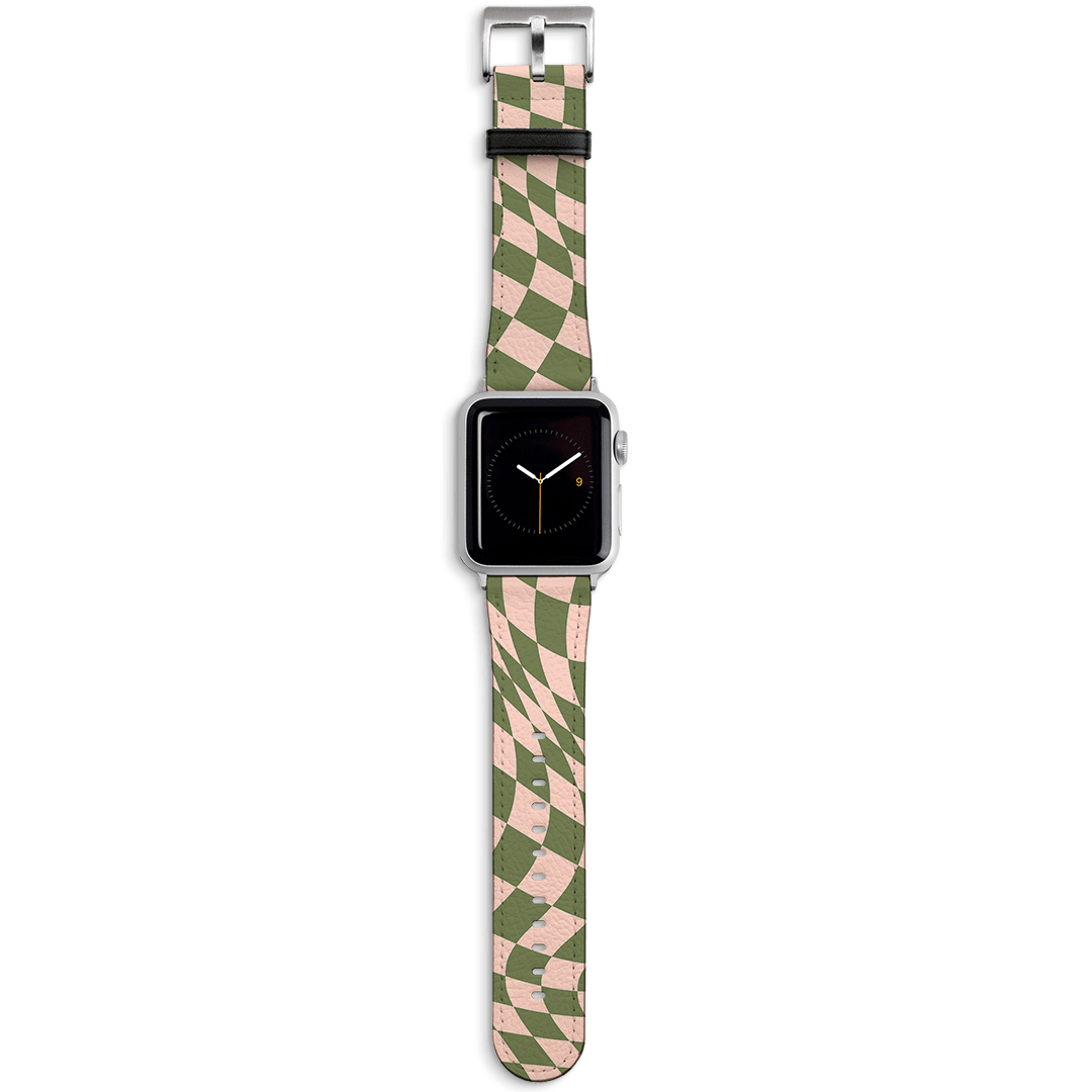 Wavy Check Forest on Blush Apple Watch Band Watch Strap 42/44 MM Silver by The Dairy - The Dairy