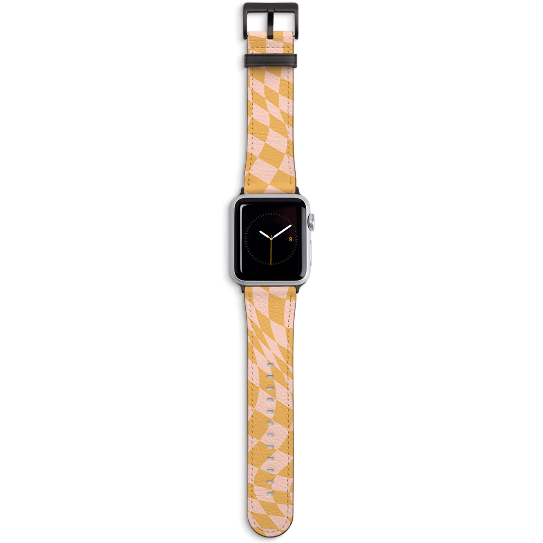 Wavy Check Orange on Blush Apple Watch Band Watch Strap 42/44 MM Black by The Dairy - The Dairy
