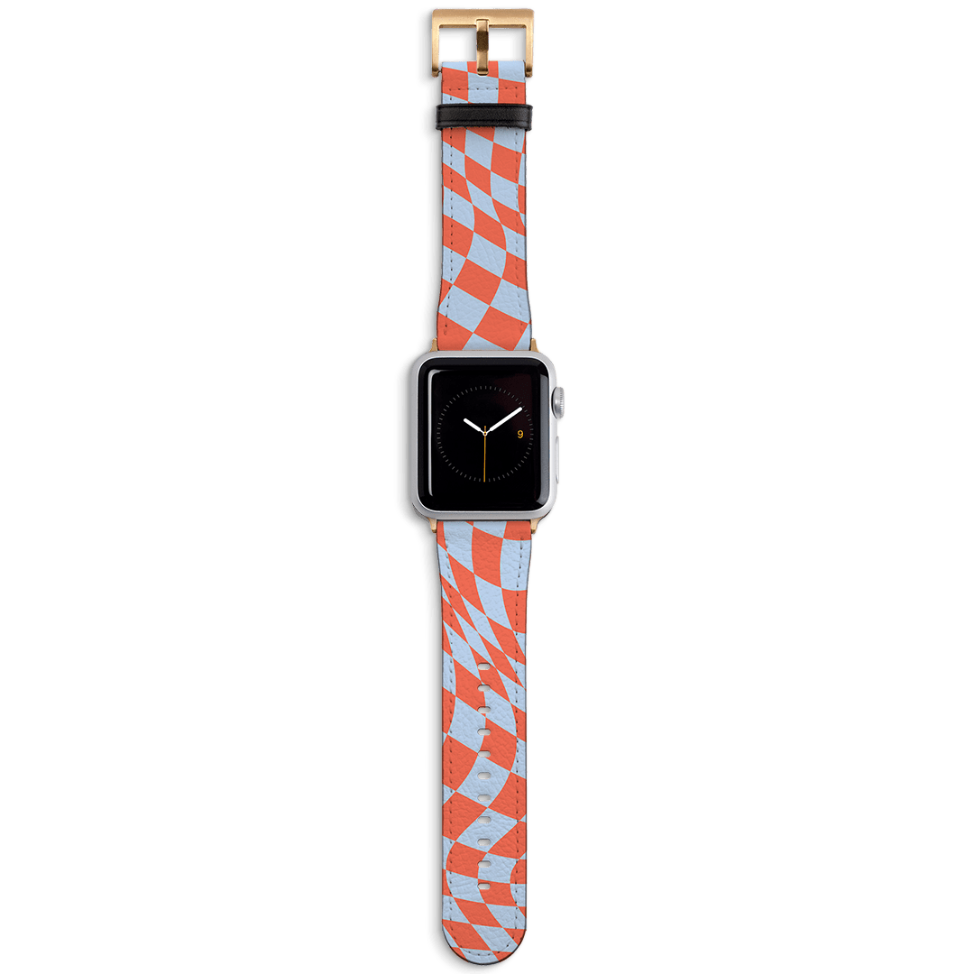 Wavy Check Scarlet on Sky Apple Watch Band Watch Strap 38/40 MM Gold by The Dairy - The Dairy