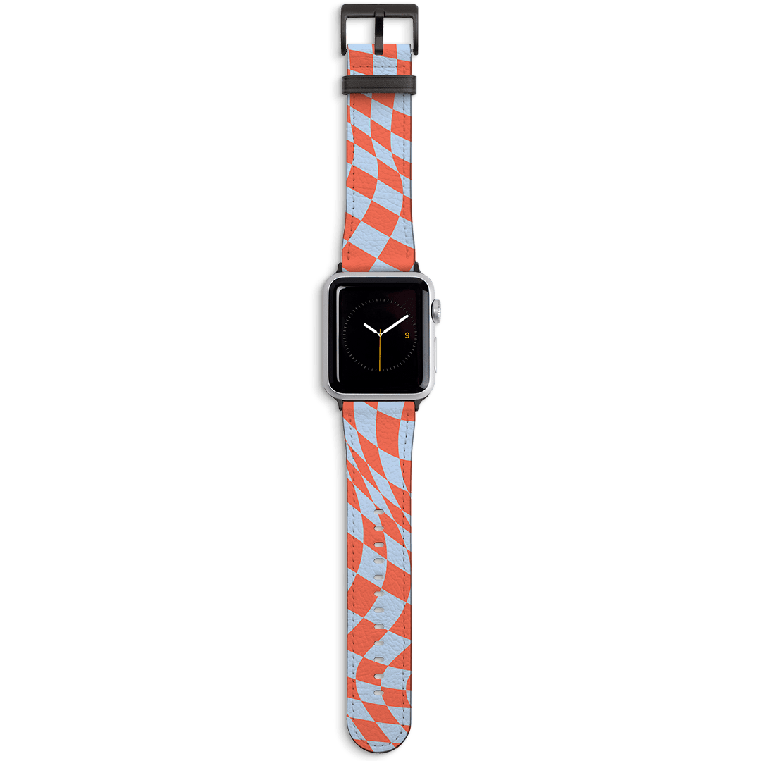 Wavy Check Scarlet on Sky Apple Watch Band Watch Strap 42/44 MM Black by The Dairy - The Dairy