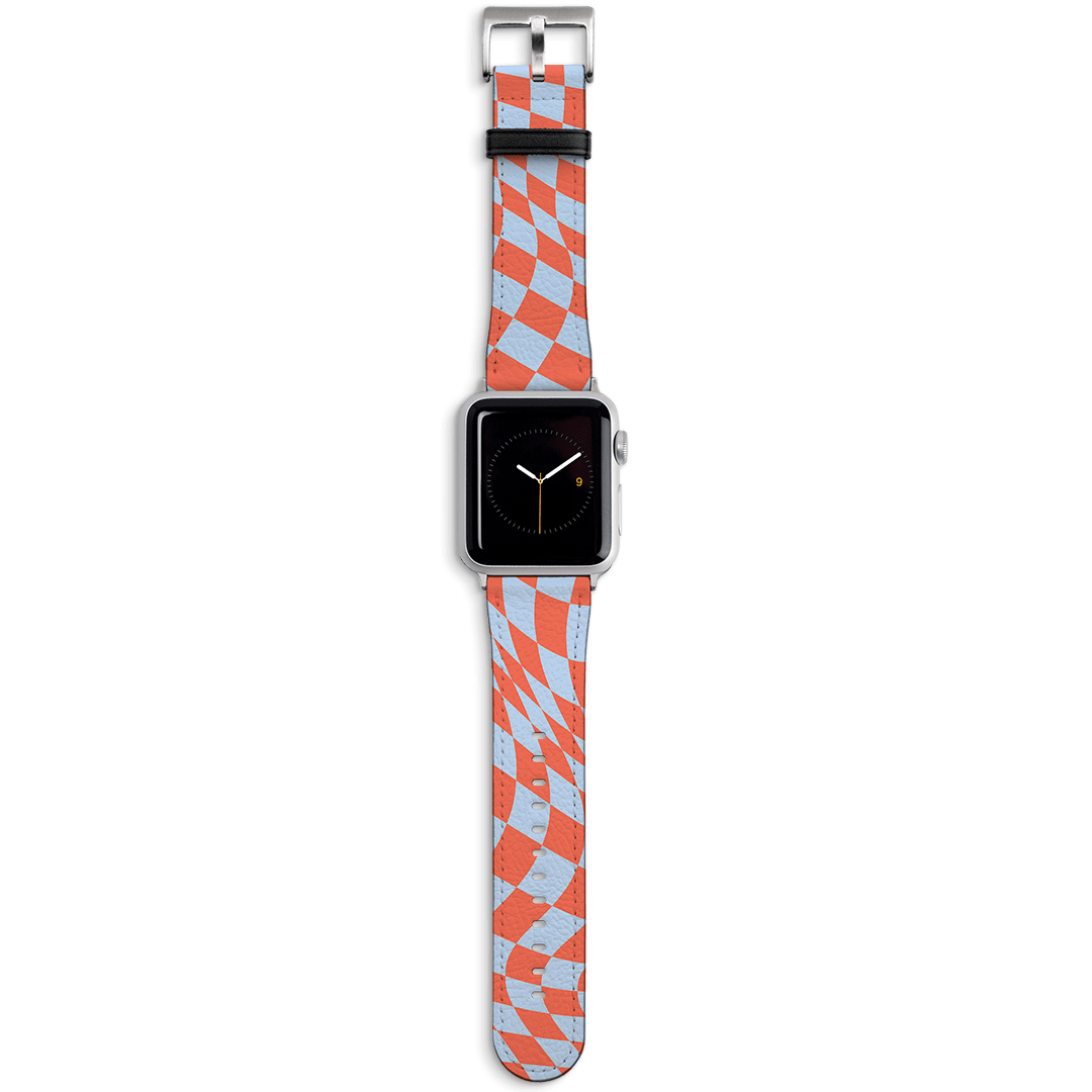 Wavy Check Scarlet on Sky Apple Watch Band Watch Strap 42/44 MM Silver by The Dairy - The Dairy